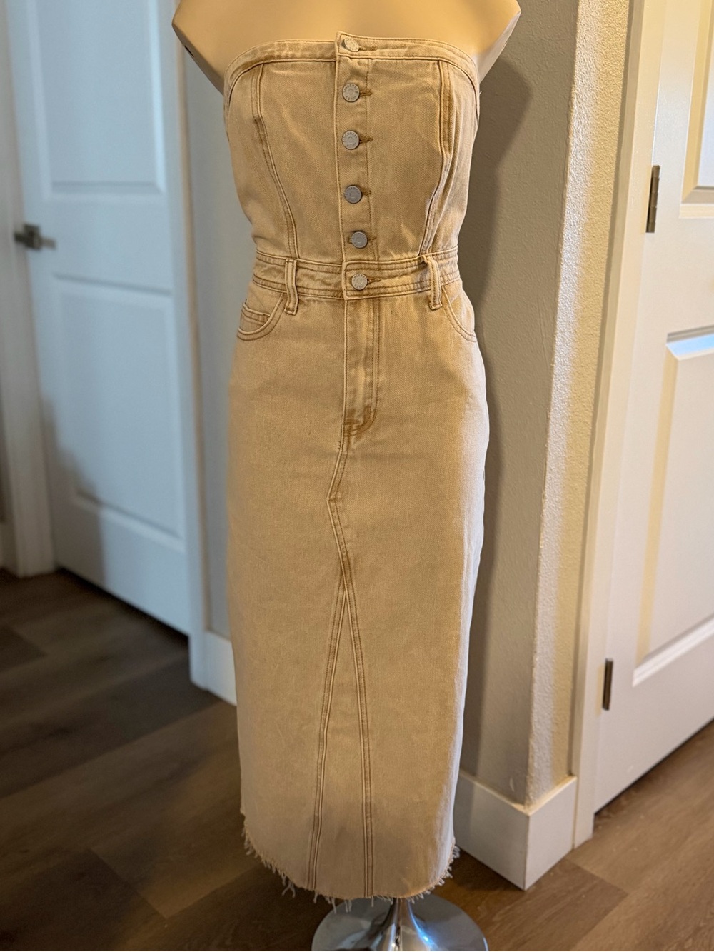 Sincerely Jules Strapless Beige Denim Midi Dress